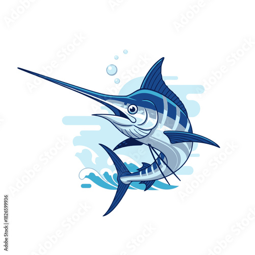 A dynamic illustration of a blue marlin fish leaping from the ocean waves, showcasing its powerful and sleek form.