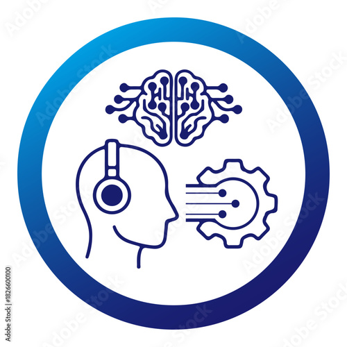 Outline vector icon illustrating AI concepts: a human head, circuit brain, and gear within a circular frame, symbolizing processing or communication. Available as vector, JPG, and high-resolution PNG