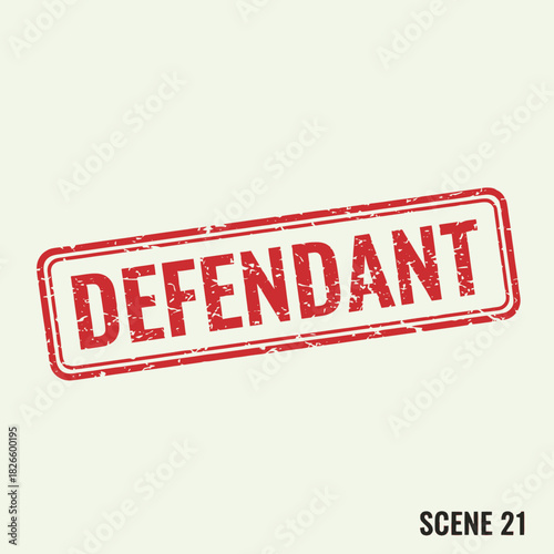 A red rubber stamp with the word "DEFENDANT" in a distressed grunge texture, set against a light off-white background.