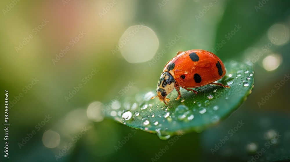 Fototapeta premium Ladybug on dewdrop covered leaf