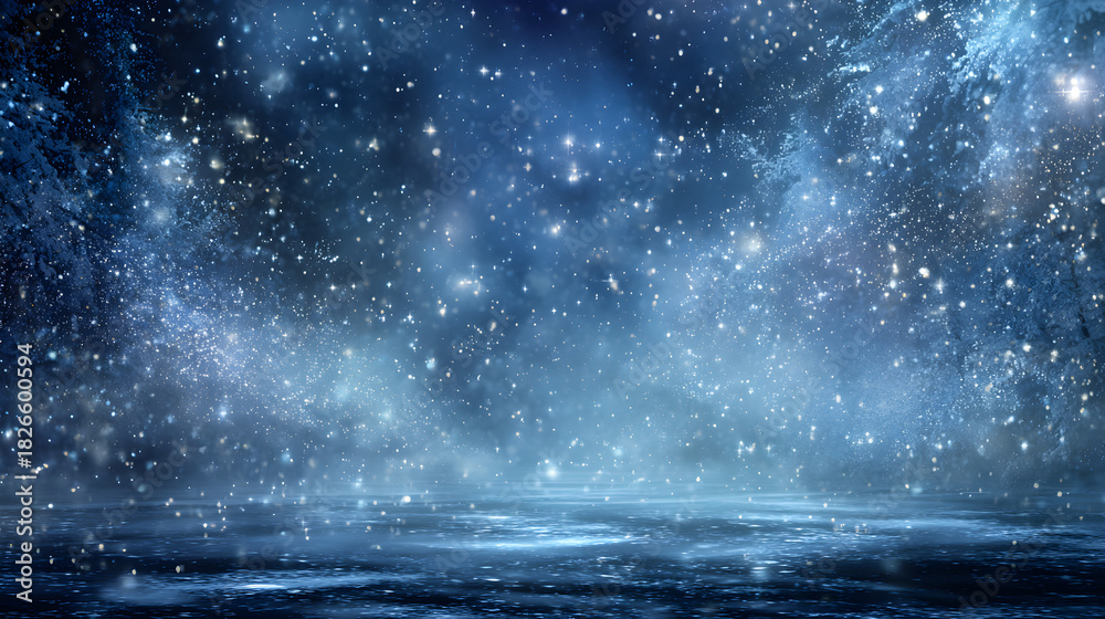Obraz premium Magical deep blue winter night theme with glowing stars and dreamy snow particles, open center