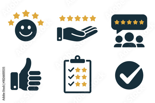 Icons for customer satisfaction, reviews, and feedback, including 5 star ratings, hand gestures, checklists, and group reviews graphics, perfect for app ui, website interfaces, digital marketing