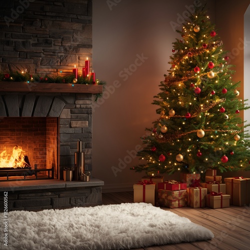 christmas interior with tree, presents and fireplace
