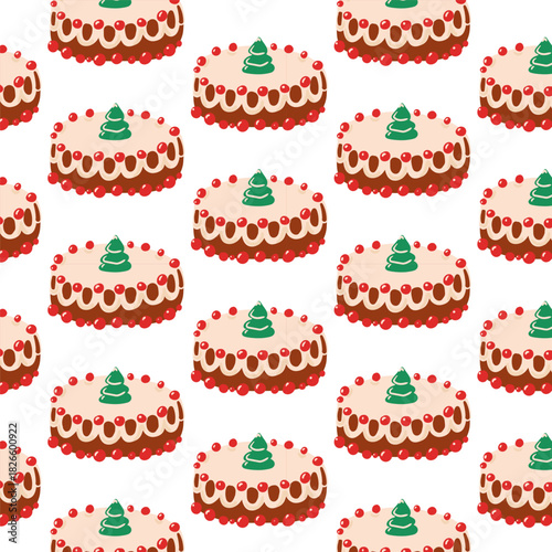 Charming seamless pattern with Christmas cakes with a little Christmas tree and holiday berries on top. Cozy hand drawn vector design.