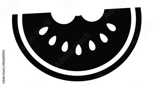 Stylized silhouette of a bitten slice of fruit with seeds
