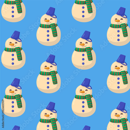 Vector seamless pattern with cute snowmen in hats and scarves on blue background. Fun winter design for wrapping paper, fabric, or holiday decorations.