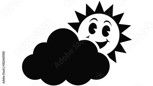 Happy sun peeking out from behind a dark cloud