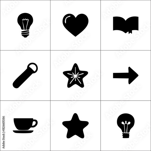 Nine icons arranged in a grid featuring a lightbulb heart book bottle opener star arrow and cup design