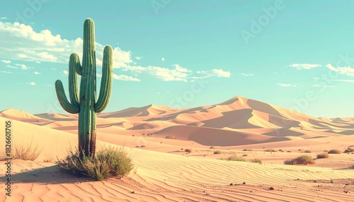 Fototapeta Naklejka Na Ścianę i Meble -  Tall cactus stands in vast desert, dunes ripple to horizon beneath a light blue sky, dotted with sparse clouds
