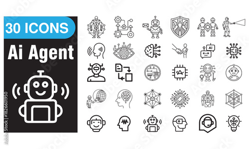 30 AI Agent & Robotics Icons Vector: Machine Learning, Neural Network, and Technology Outline Graphics