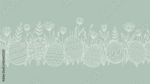 Elegant Pastel Teal Easter Eggs & Wildflowers Seamless Bann