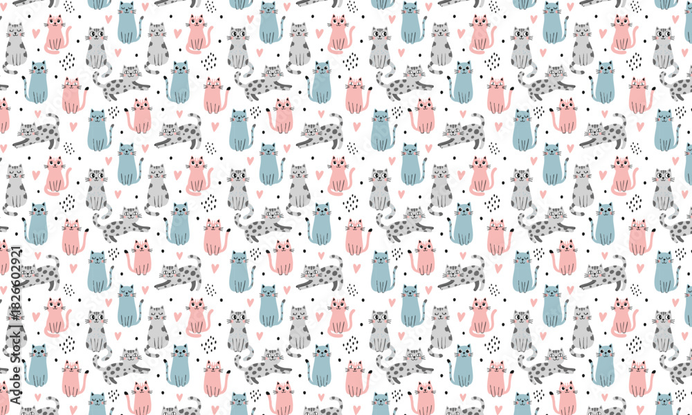 Fototapeta premium Pastel cute cartoon cats seamless pattern for children's designs.