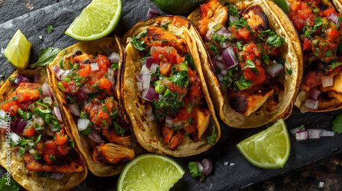 tiny street-style tacos filled with grilled chicken, fresh salsa, cilantro, lime wedges, colorful and vibrant textures