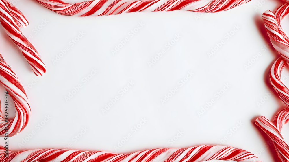 Obraz premium Minimal candy cane red stripes forming frame on clean white holiday background, center clear 