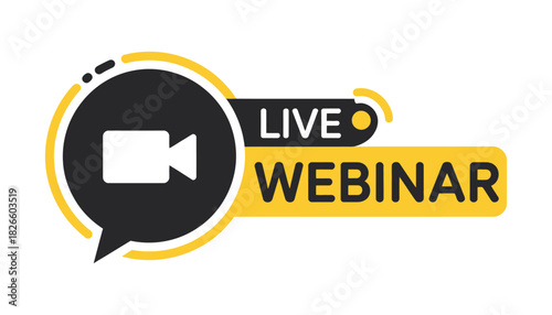 Live webinar button, including internet video conference, live stream, online education, remote team meetings, virtual communication, distance learning, and live video streaming vector