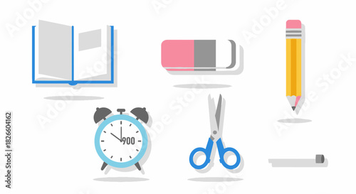 Illustrative school supplies and tools for learning and creative activities for students