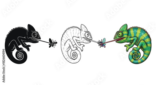 Chameleons in silhouette, line art, and color catching a fly