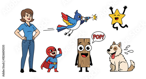 Cartoon characters on a white background creating a whimsical illustration with funny elements