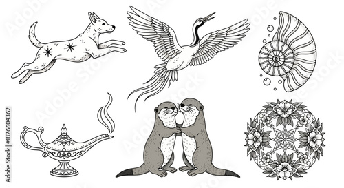 Charming monochromatic collection of whimsically drawn animals and fantasy objects ideal