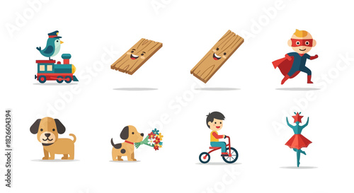 Playful Illustrations of Various Characters and Objects Set Against White Background, flat design