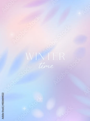 Winter gradient background.Blurred illustration with frozen plants and florals.Abstract dreamy banner in soft pastel colors.Delicate minimal design for holidays prints; covers; ad; invitations.