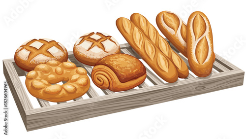 Freshly baked bread assortment on rustic wooden display rack, perfect for bakery menus and food blog posts, inviting and delicious