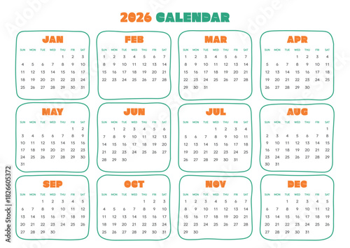 2026 calendar template. Features a modern, clean grid layout with each month clearly marked with a saturated color block header and month number.