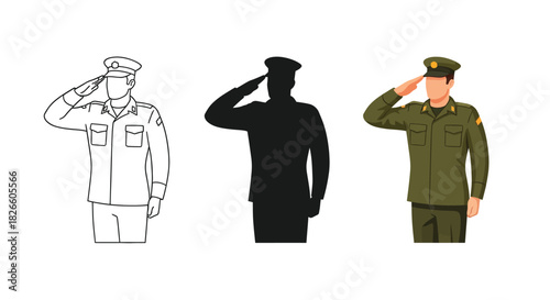 Three styles of a soldier saluting outline, silhouette, and full color illustration