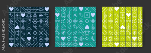 Set of Luxury Xmas backgrounds. Modern Christmas pattern with gold line icons. Perfect for invitation, poster, cover. Modern Christmas pattern with white line icons. ornament doodle pattern.