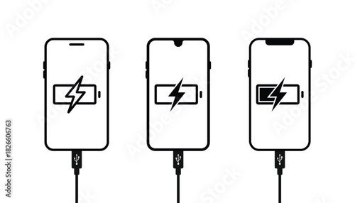 Set of charging phone vector icons. Smartphone connection to charge battery. The smartphone is being charged. Usb cable and mobile phone.