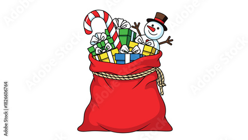 Festive Christmas sack overflowing with bright gifts, a cheerful snowman, and a candy cane ready for holiday cheer and joyful celebrations