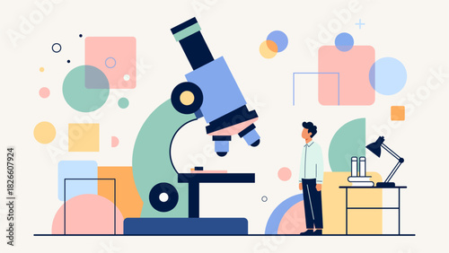 Giant Microscope Science Learning Illustration. Students learn science with a giant microscope.