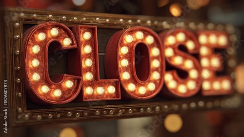 Vintage Marquee Close Sign with Glowing Light Bulbs.