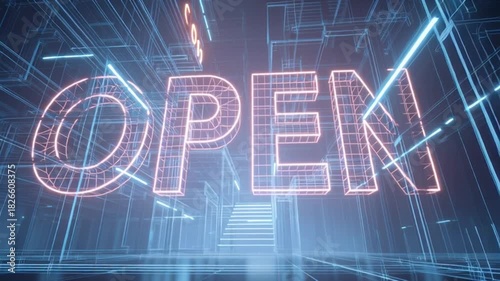Futuristic Neon Open Sign in a Digital Tunnel with Glowing Blue Lines and Abstract Structures.