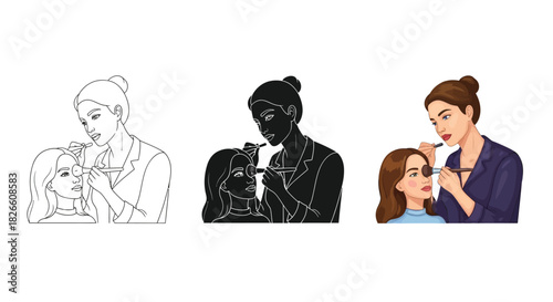 Makeup artist applying cosmetics to a young woman, shown in outline, silhouette and color