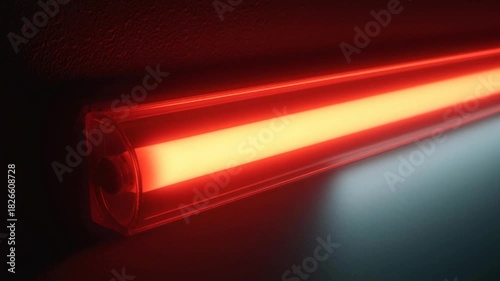 Abstract Futuristic Red and Yellow Light Beam Glowing in Darkness.