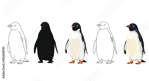 Various styles of penguins, including outline, silhouette, and realistic illustrations, standing in a row