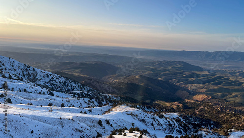 Mountain valley aerial view at the sunset