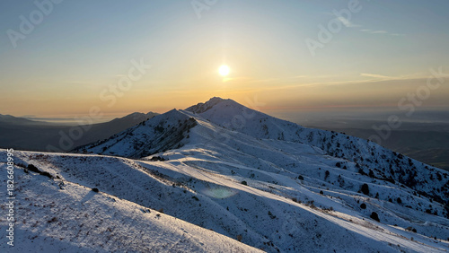 Mountain valley aerial view at the sunset