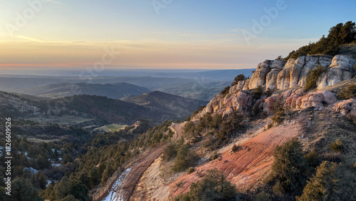 Mountain valley aerial view at the sunset