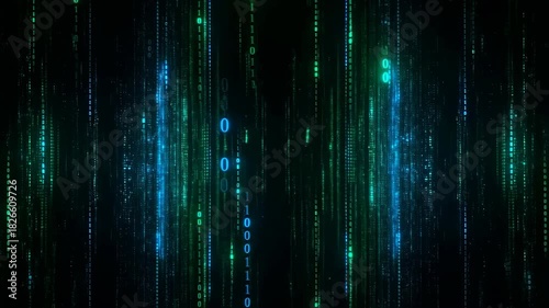 Digital binary code streams glowing blue and green light create futuristic matrix effect with flowing data lines and abstract technology data stream
