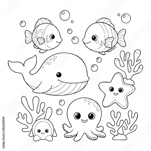 Cute Ocean Animals Vector Set with Whale Fish Octopus Starfish and Coral