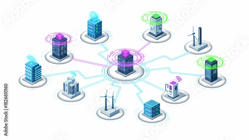 Smart City Isometric Network Of Connected Buildings And Infrastructure