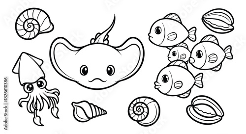 Cute Ocean Animals Vector Set with Stingray Squid Fish and Seashell