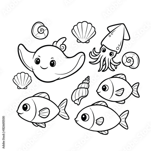 Cute Ocean Creatures Vector Set with Stingray Squid Fish and Seashell