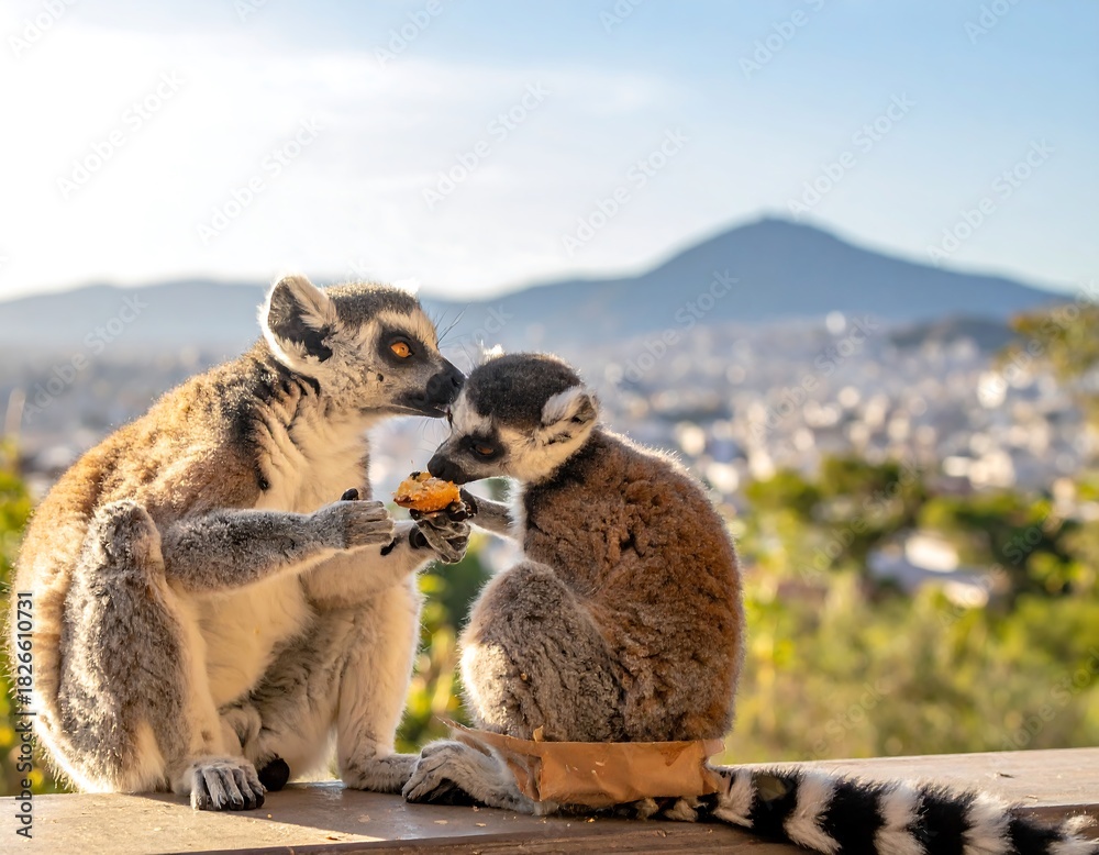 Obraz premium Two lemurs sharing a piece of fruit on a sunny day with a city and mountain backdrop
