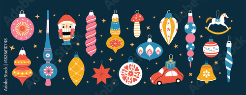 Christmas ornaments set. Holiday decorations on a dark background. Festive winter design for cards, banners, wrapping and print.