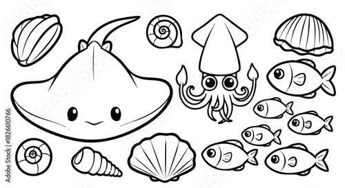 Cute Ocean Creatures Vector Set with Stingray Squid Fish and Seashell