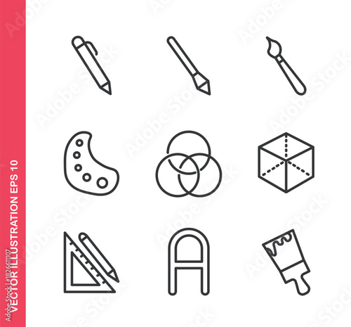 Set of line icons related to graphic design. Outline icons collection. Editable stroke. Vector illustration