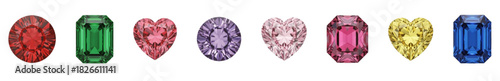Row of colorful faceted heart, oval, and emerald cut gemstones. cutout on transparent background